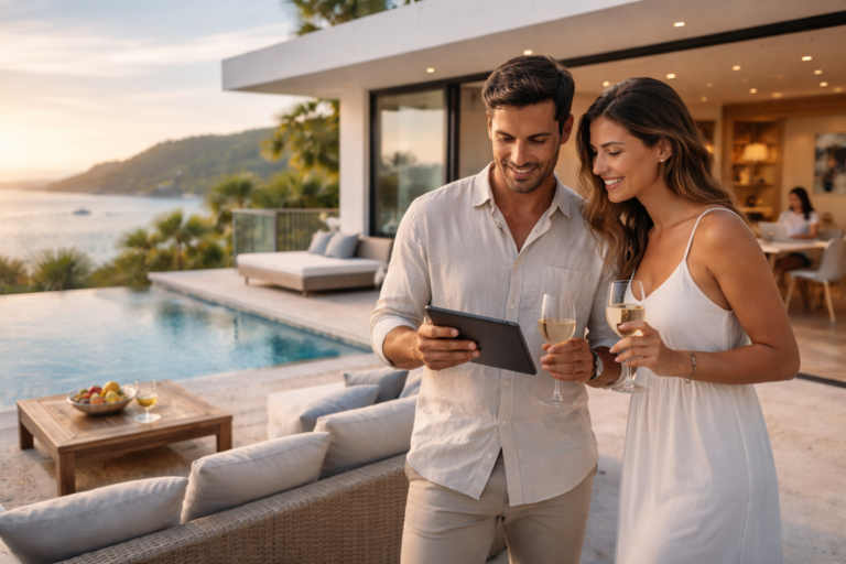 Pareja en una casa de lujo con vista al mar revisando una propiedad en tablet junto a una piscina en un entorno exclusivo