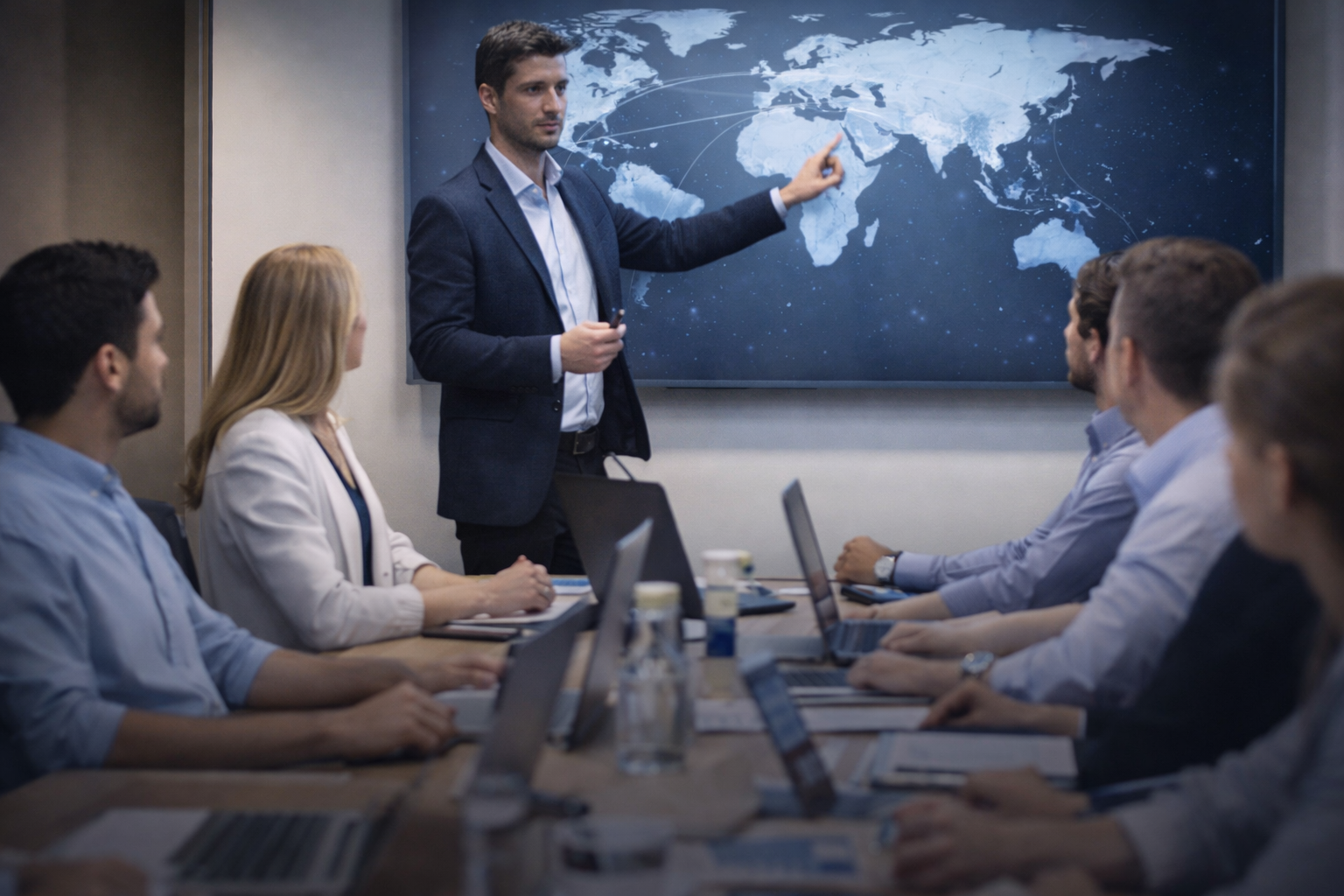 Capacitación empresarial con un expositor presentando un mapa global frente a profesionales en una sala de reuniones con laptops y atención al contenido