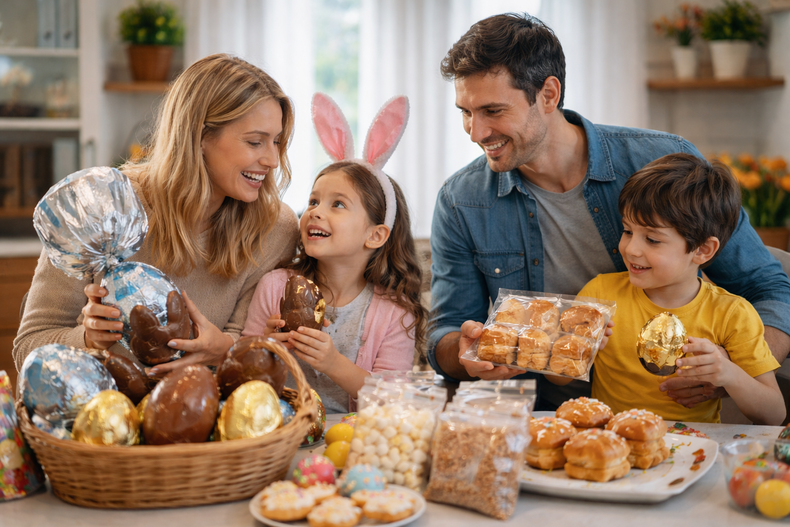 Familia con niños reunida alrededor de una mesa con productos de Pascuas como huevos de chocolate y panificados en un ambiente hogareño
