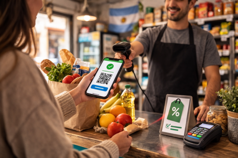 Persona realizando un pago con celular mediante código QR en un almacén de barrio mientras el comerciante escanea la compra