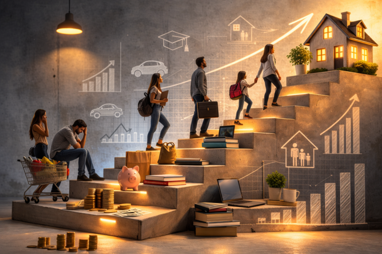 Ilustración conceptual de movilidad social en Argentina con personas avanzando por distintos niveles económicos desde vulnerabilidad hasta clase media y sector profesional