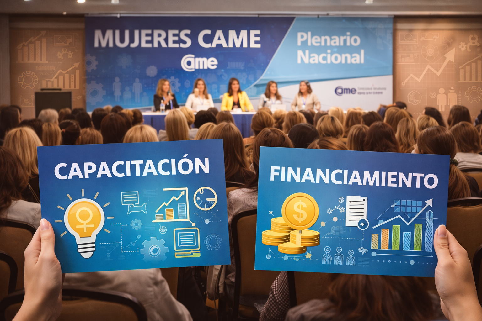 Plenario federal de Mujeres CAME con emprendedoras y empresarias participando en una jornada sobre capacitación y financiamiento para impulsar negocios en Argentina