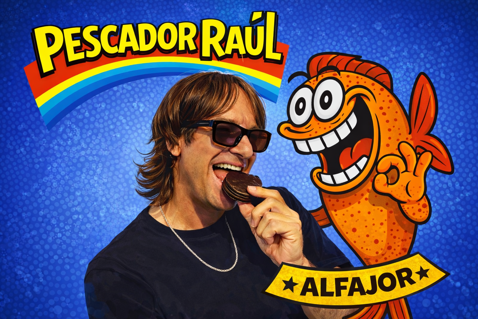 Joaquín Levinton comiendo un alfajor junto al personaje animado Pescador Raúl en la campaña de Fantoche para el lanzamiento de los nuevos alfajores inspirados en la banda Turf