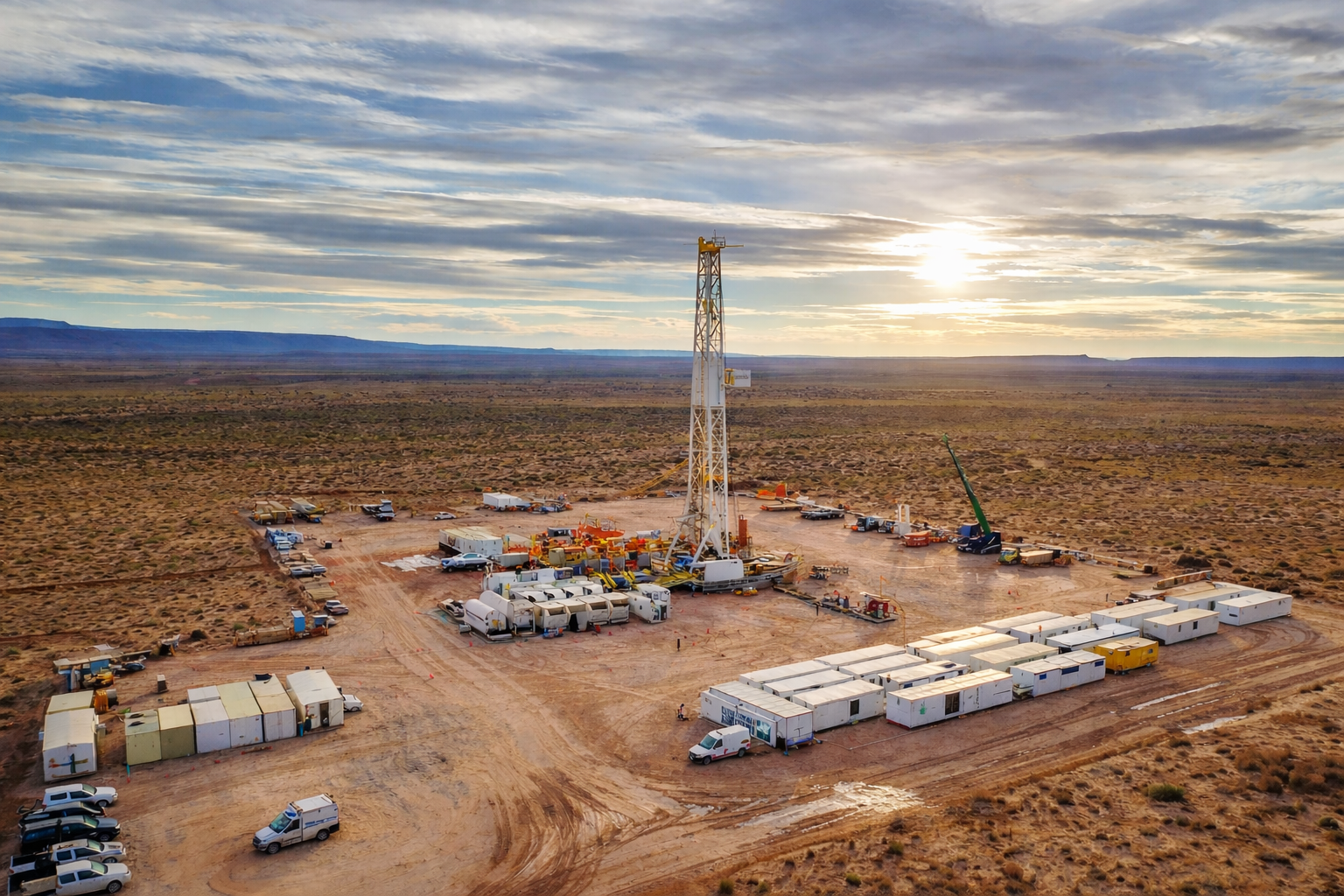 Vista aérea de un equipo de perforación y base operativa en Vaca Muerta, uno de los principales desarrollos de shale gas y petróleo de Argentina