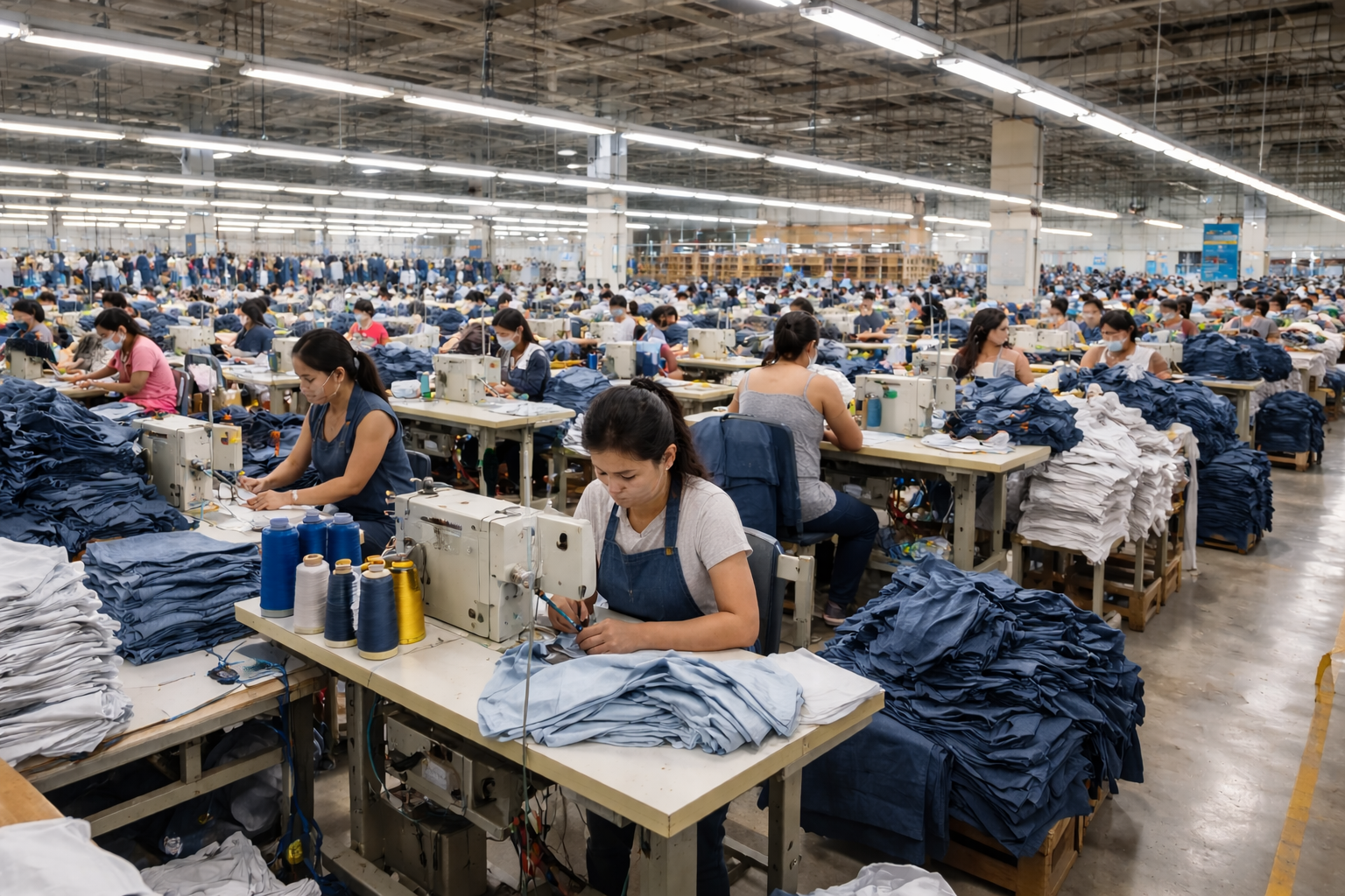 Gran fábrica textil con decenas de trabajadores cosiendo prendas en máquinas industriales y montones de ropa apilada en mesas de producción