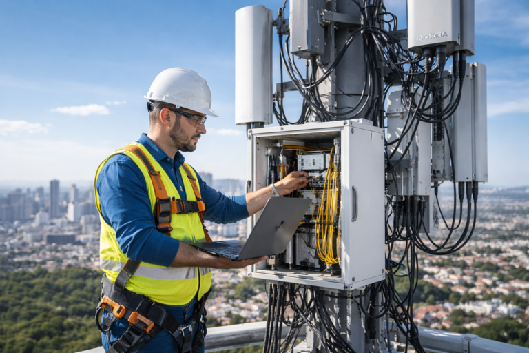 Especialista en telecomunicaciones realizando mantenimiento en una torre con equipos de red y fibra óptica que permiten el funcionamiento de redes móviles de última generación