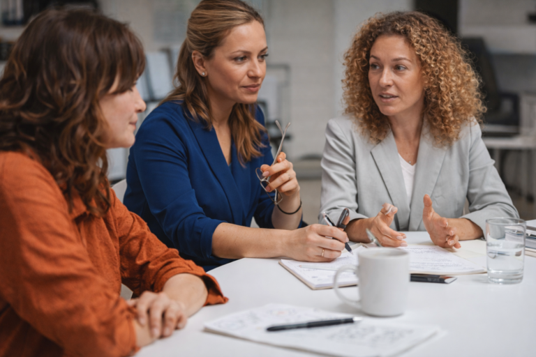 Grupo de mujeres empresarias reunidas en una mesa de trabajo analizando temas de economía, liderazgo y gestión en un encuentro profesional