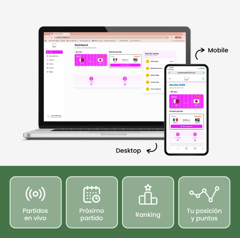 Interfaz de la plataforma tecnológica de Bigbox para Prode Corporativo del Mundial 2026, accesible desde computadora y teléfono móvil con ranking, partidos en vivo y predicciones
