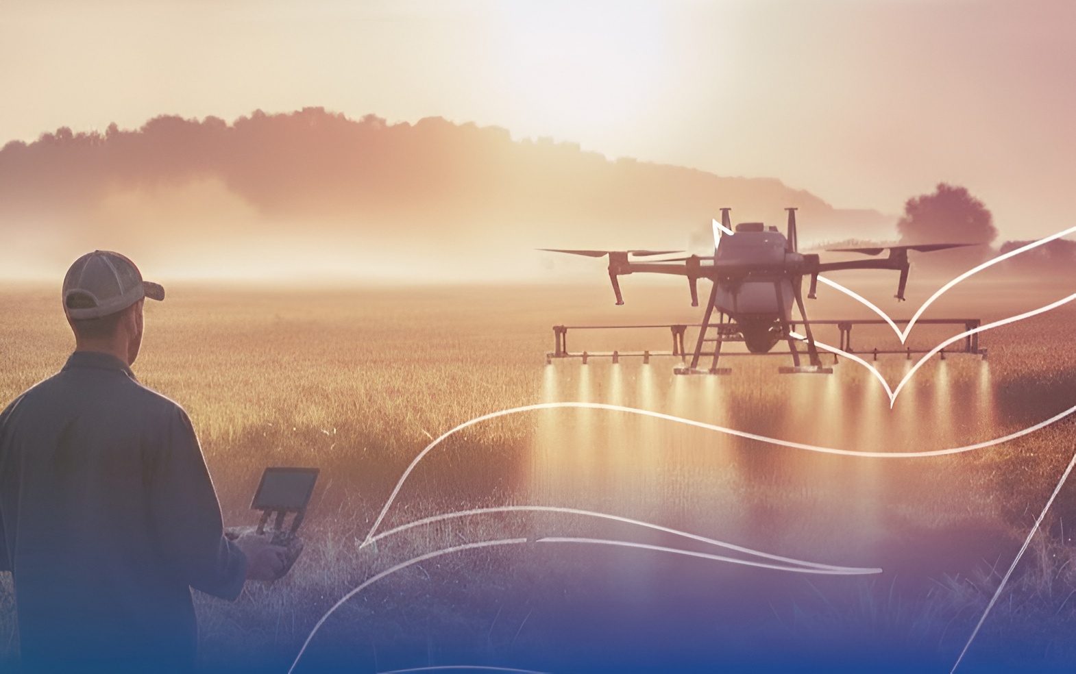 Drone agrícola fumigando un campo mientras un operador lo controla con tecnología avanzada