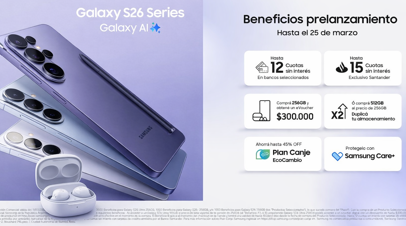 Smartphones Samsung Galaxy S26 Series con promociones y beneficios de prelanzamiento disponibles en Argentina