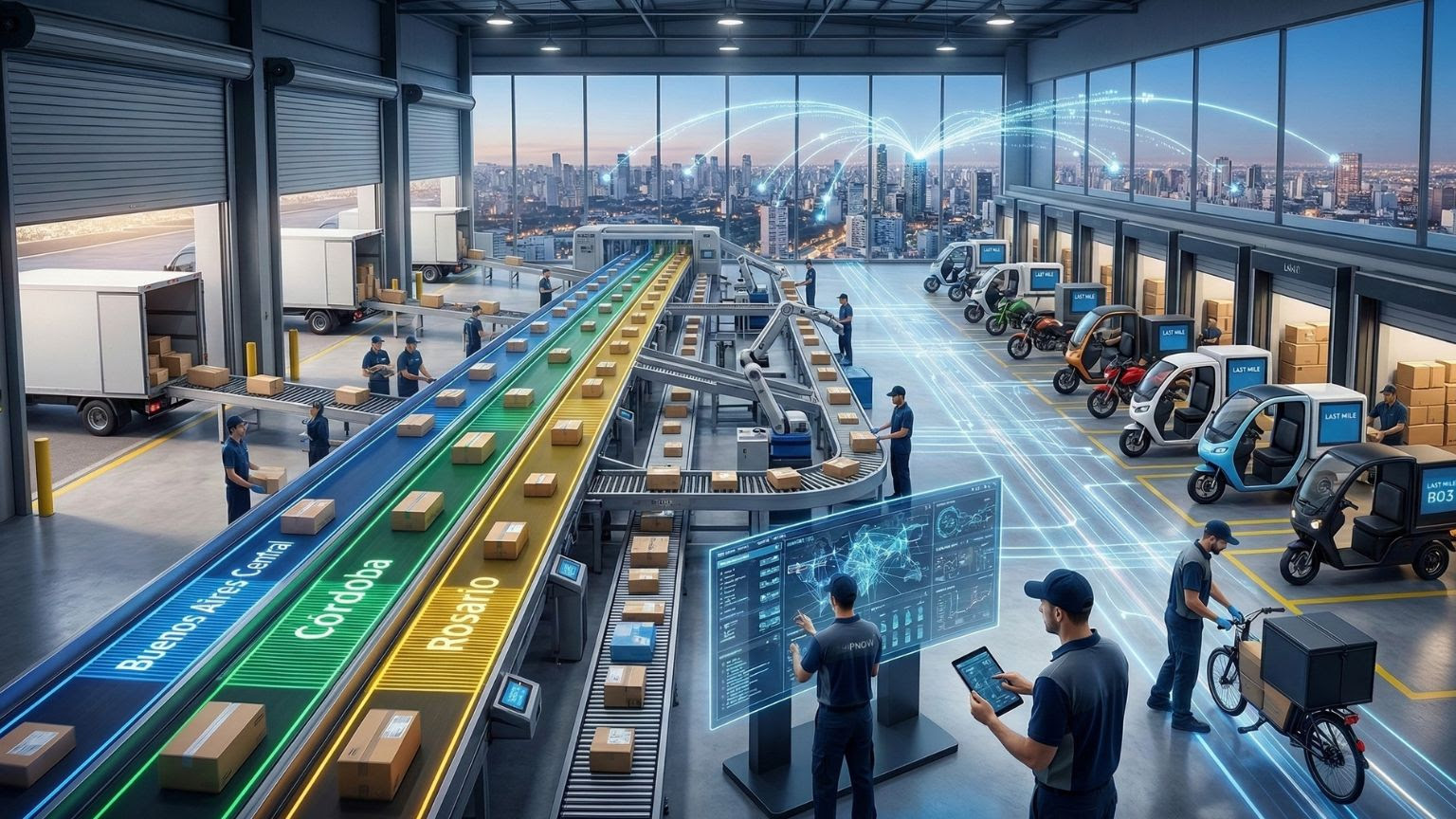 Centro de distribución moderno con cintas transportadoras, robots y vehículos de reparto preparados para la logística de última milla en el comercio electrónico