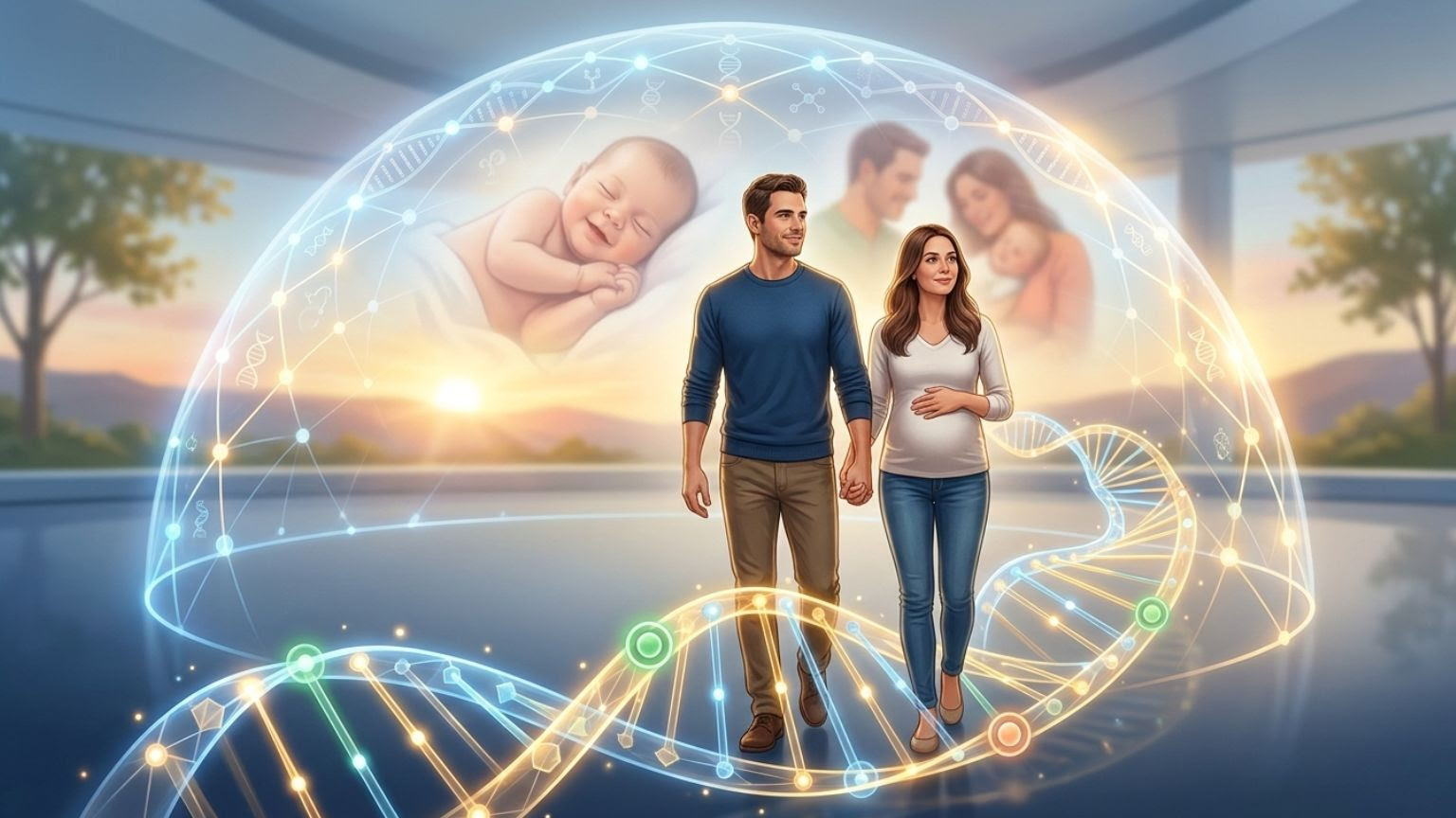 Ilustración conceptual de pareja esperando un bebé rodeada por una representación de ADN y elementos de genética preventiva