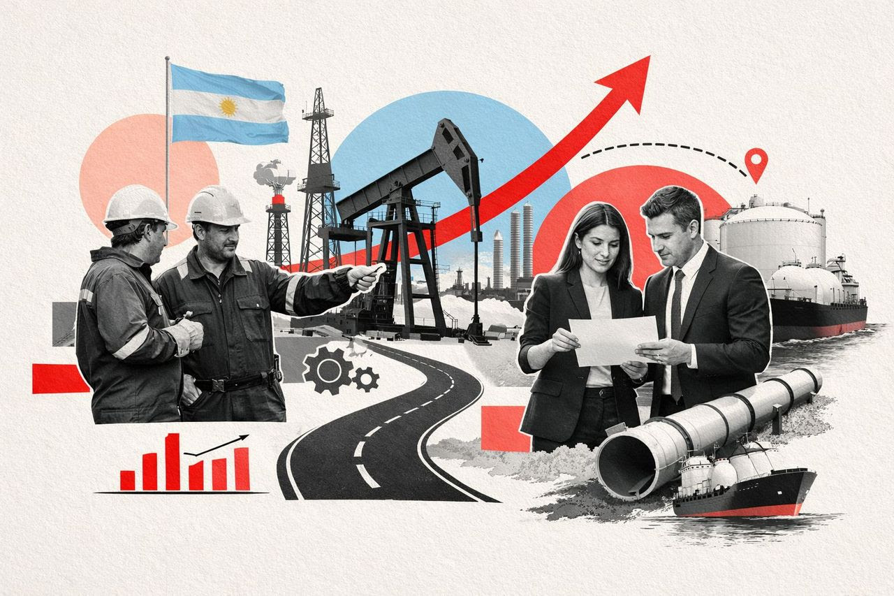 Ilustración conceptual sobre Vaca Muerta que muestra trabajadores petroleros, una bomba extractora, gasoductos y exportaciones energéticas argentinas en crecimiento
