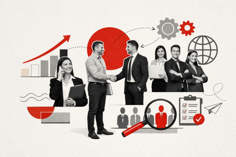 Ilustración conceptual de tercerización de recursos humanos con ejecutivos negociando y gráficos que representan crecimiento empresarial y gestión de talento