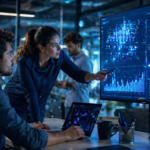 Profesionales analizando dashboards y visualizaciones de datos en un entorno tecnológico con herramientas de inteligencia artificial
