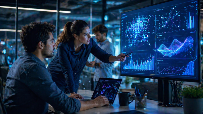 Profesionales analizando dashboards y visualizaciones de datos en un entorno tecnológico con herramientas de inteligencia artificial