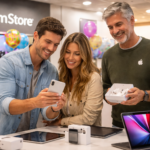 Clientes interactúan con productos Apple en una tienda tecnológica junto a un vendedor en un entorno moderno y luminoso