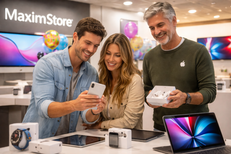 Clientes interactúan con productos Apple en una tienda tecnológica junto a un vendedor en un entorno moderno y luminoso