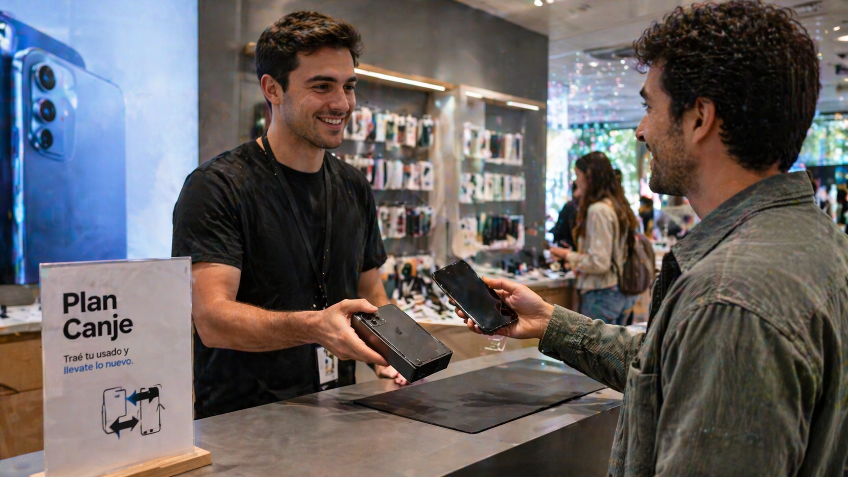 Cliente entregando su celular usado en una tienda de tecnología mientras recibe uno nuevo en el marco de un plan canje