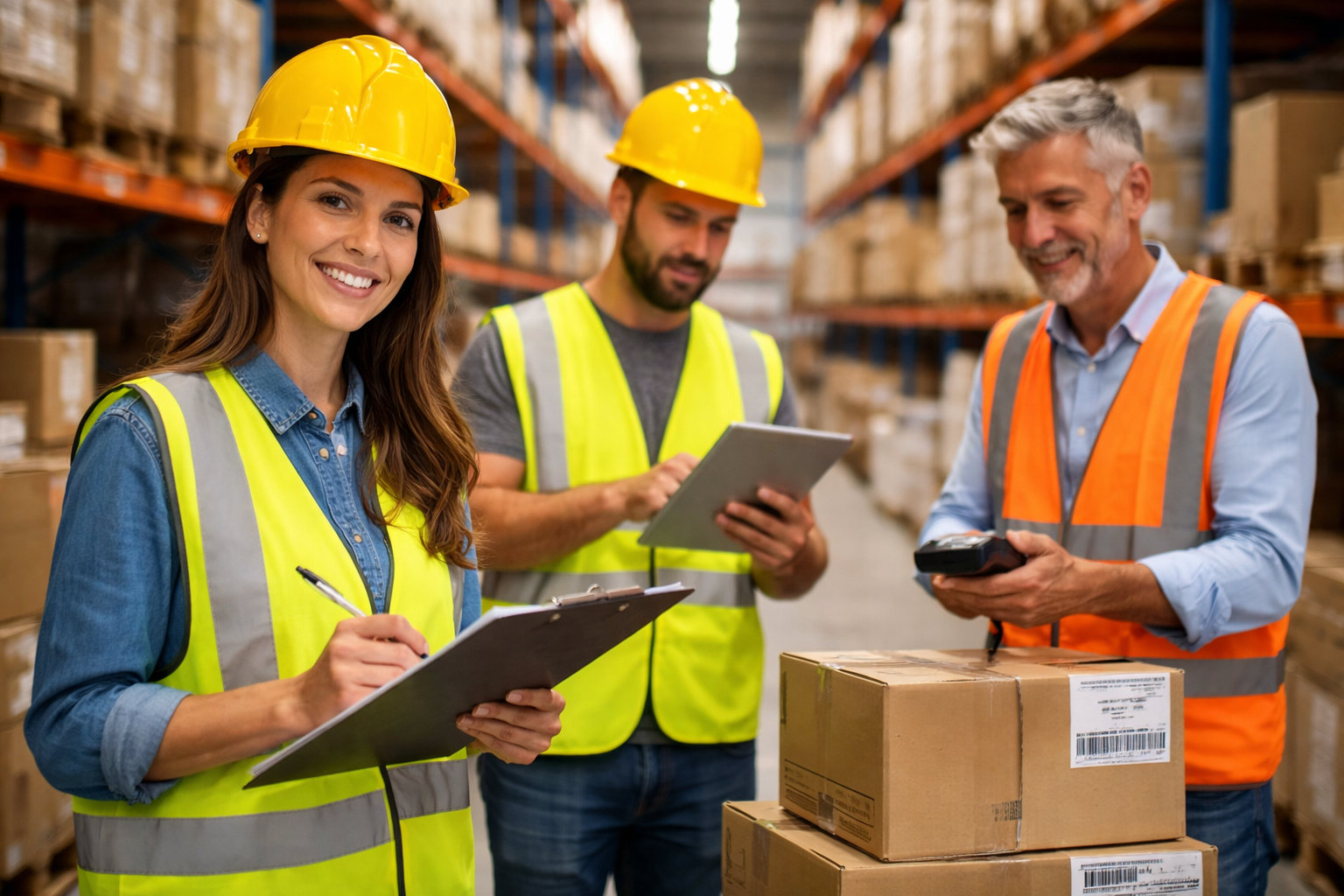 Trabajadores en un depósito logístico gestionando pedidos con tablet y escáner entre estanterías con cajas y mercadería