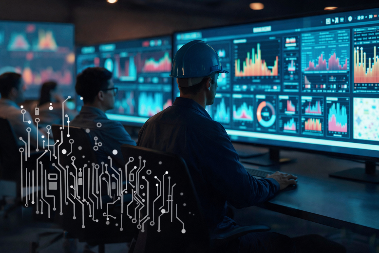 Operadores monitoreando datos y gráficos en pantallas digitales para gestionar redes de gas con inteligencia predictiva