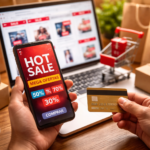 Persona comprando online desde el celular durante el Hot Sale con descuentos visibles y productos en un carrito digital