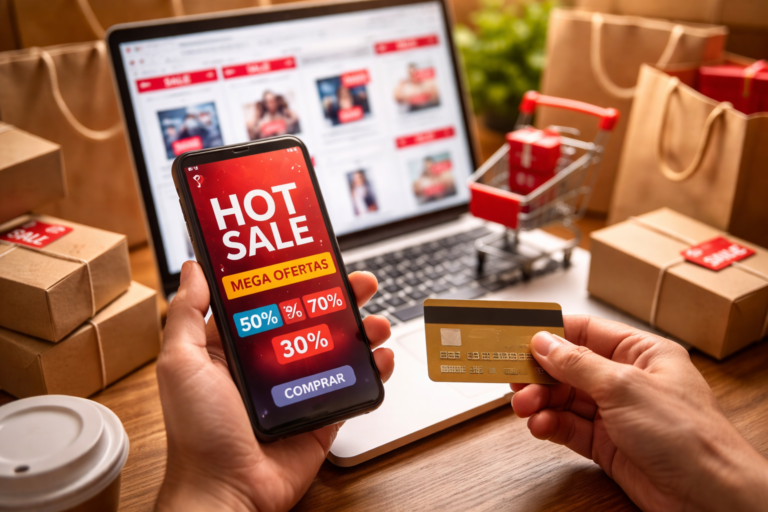 Persona comprando online desde el celular durante el Hot Sale con descuentos visibles y productos en un carrito digital