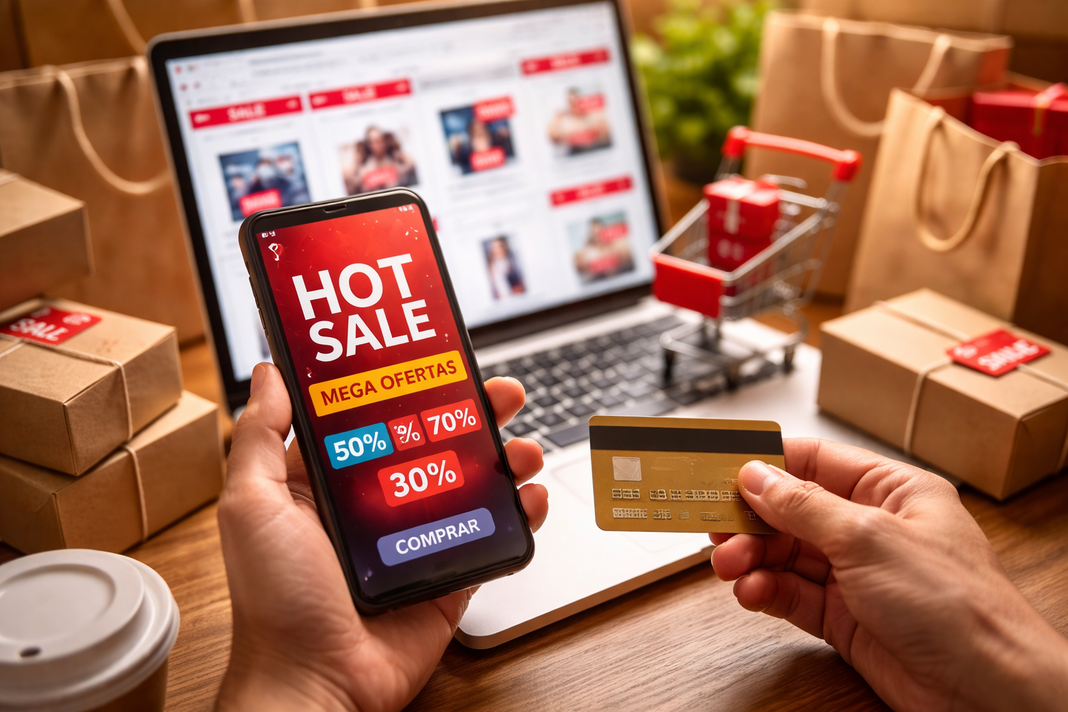 Persona comprando online desde el celular durante el Hot Sale con descuentos visibles y productos en un carrito digital