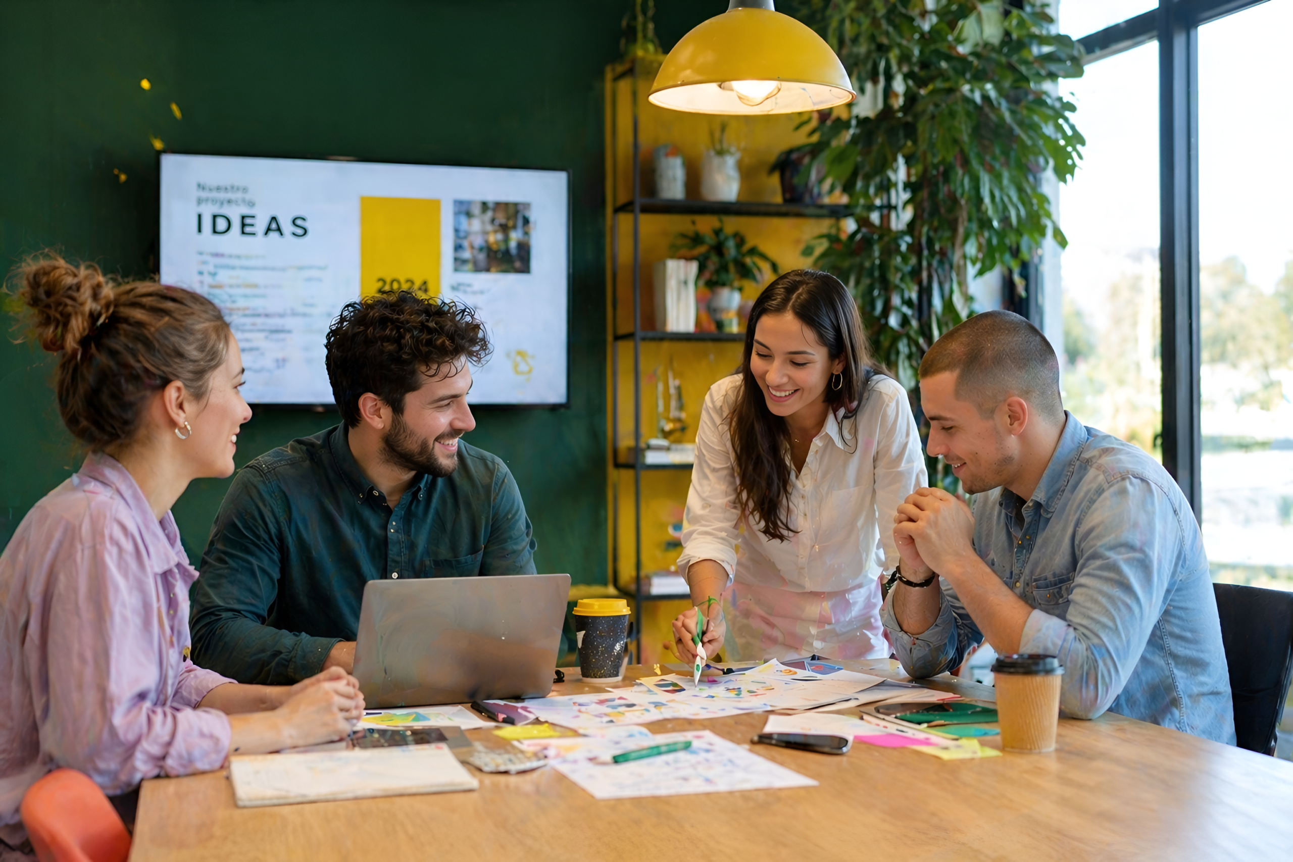 Grupo de jóvenes profesionales trabajando en equipo con laptops y materiales creativos en una oficina moderna y colorida