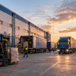 Centro de distribución con camiones y operarios trabajando en la carga y descarga de mercadería al atardecer