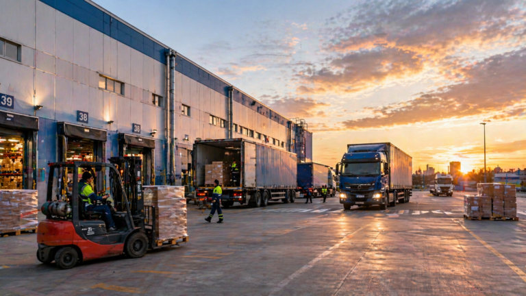 Centro de distribución con camiones y operarios trabajando en la carga y descarga de mercadería al atardecer
