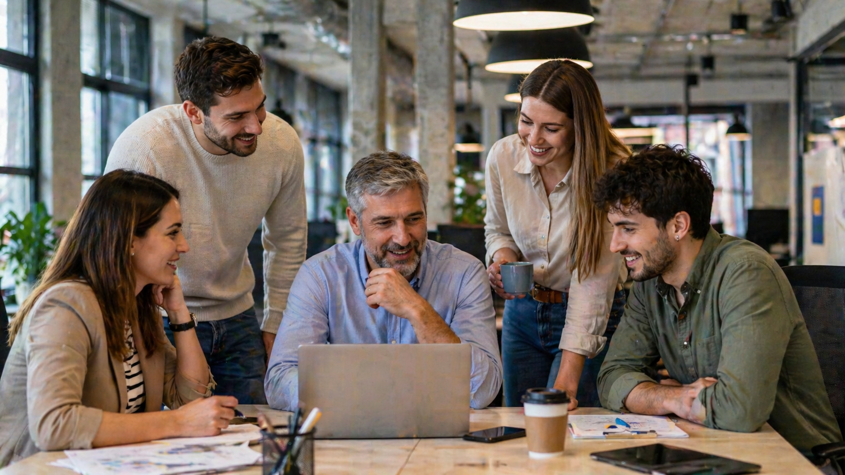 Equipo de trabajo con personas de distintas edades colaborando frente a una computadora en una oficina moderna