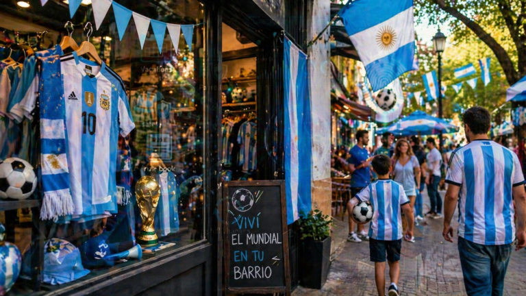 Vidriera de comercio con decoración del Mundial y camisetas de la Selección Argentina en un entorno de barrio con personas caminando