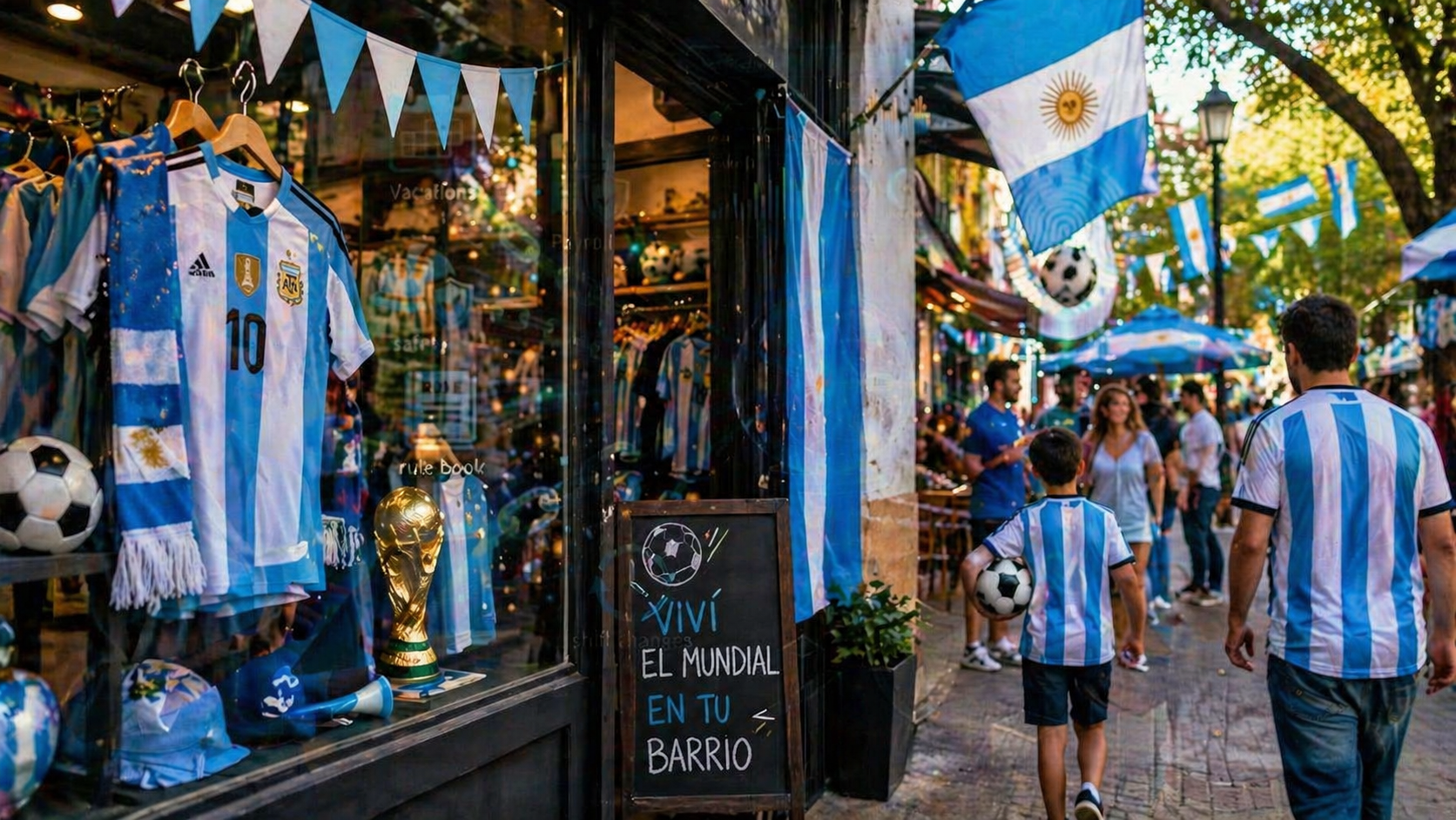 Vidriera de comercio con decoración del Mundial y camisetas de la Selección Argentina en un entorno de barrio con personas caminando