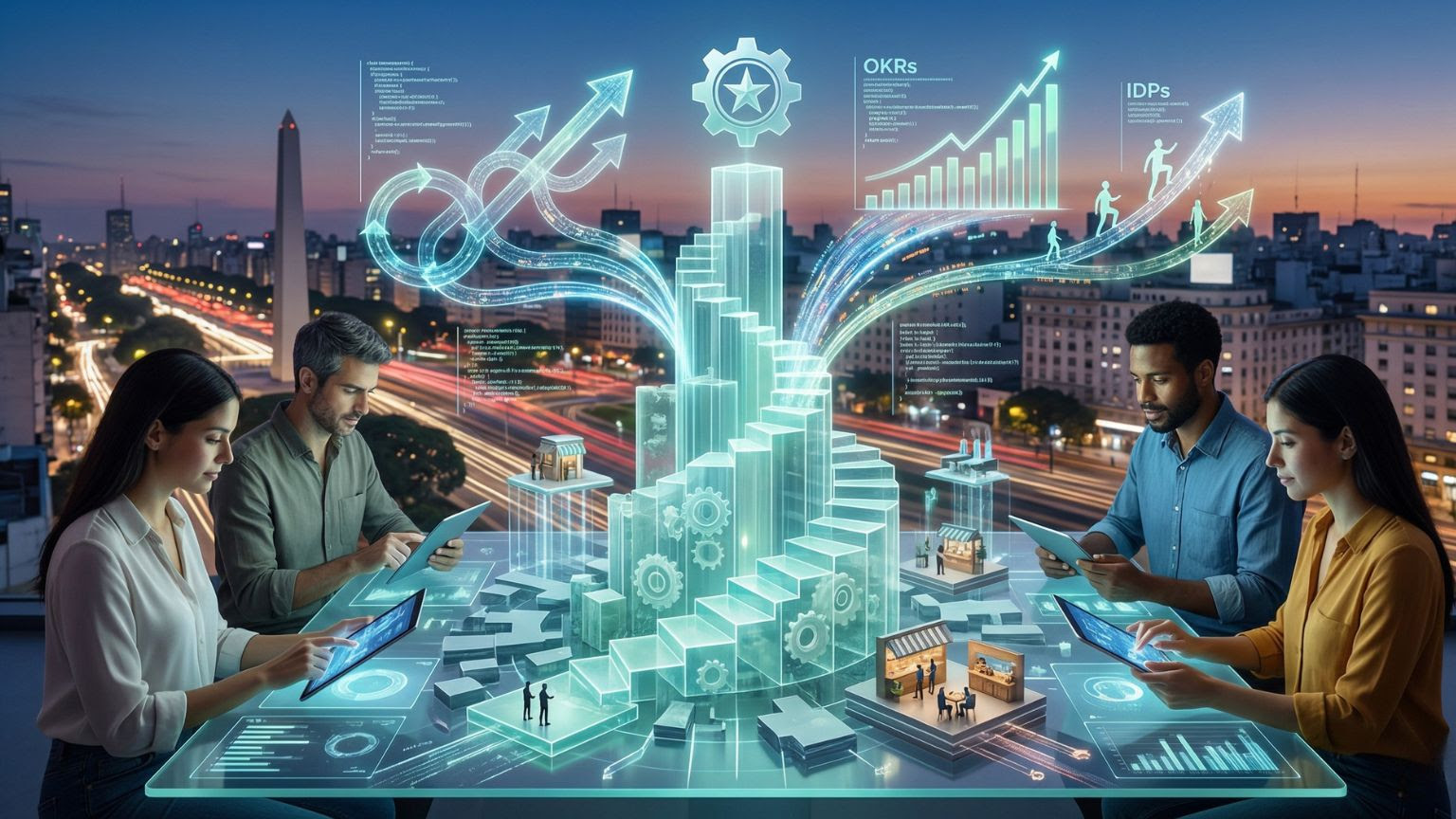 Equipo de profesionales utilizando herramientas digitales y analizando métricas de desempeño en un entorno tecnológico con visualizaciones de datos y crecimiento empresarial
