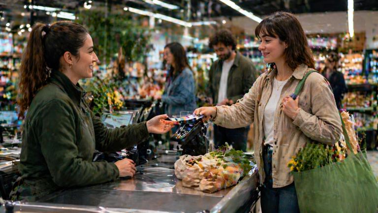 Cliente pagando en caja de supermercado con bolsa reutilizable mientras interactúa con cajera en una compra cotidiana vinculada a donaciones