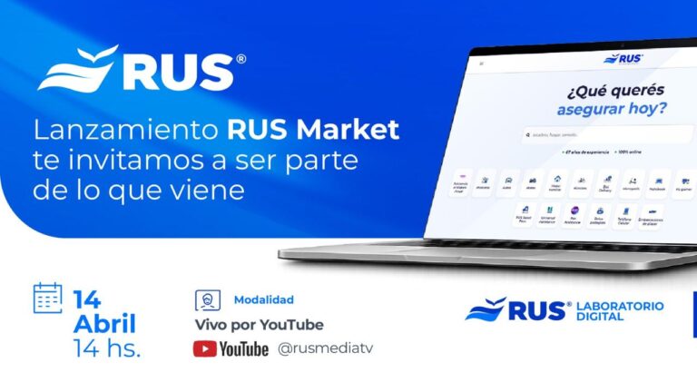 Pantalla promocional del lanzamiento de RUS Market de Río Uruguay Seguros con plataforma digital de servicios aseguradores en notebook