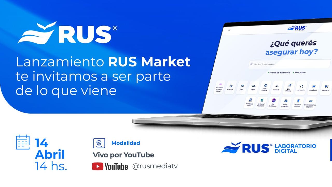 Pantalla promocional del lanzamiento de RUS Market de Río Uruguay Seguros con plataforma digital de servicios aseguradores en notebook