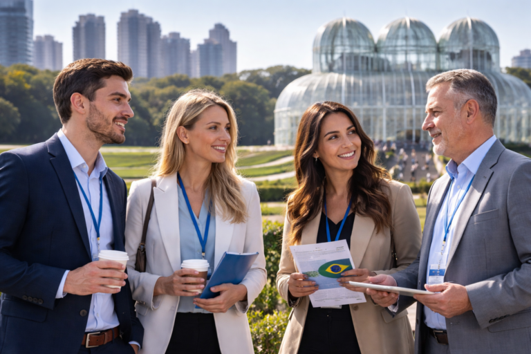 Empresarios participando de una reunión de negocios en un entorno corporativo moderno durante una misión comercial internacional