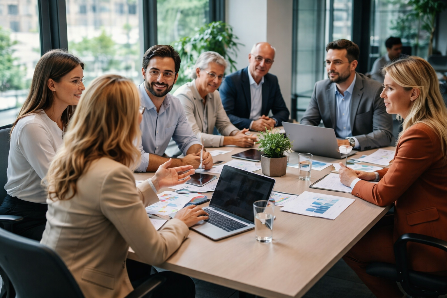 Ejecutivos reunidos en una sala de reuniones analizando datos y estrategias en un entorno corporativo moderno