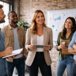 Líder interactuando con su equipo de trabajo en un espacio moderno mientras coordina tareas y fomenta la colaboración