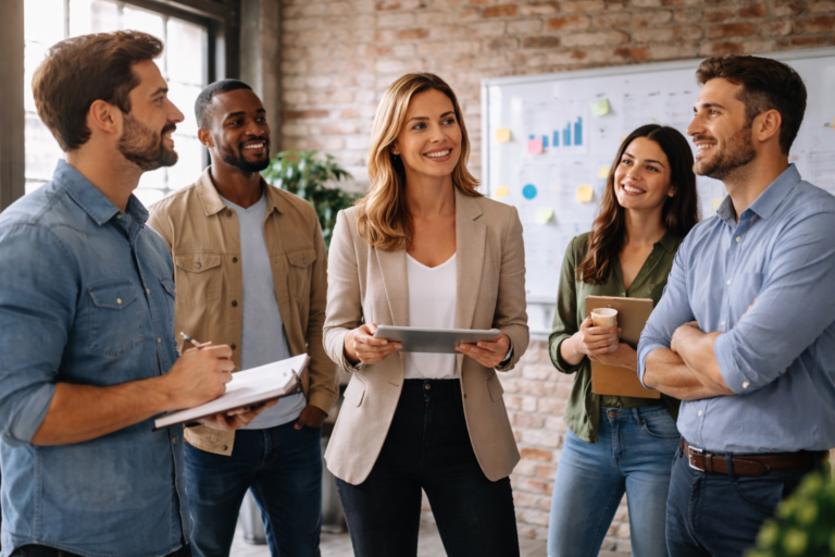 Líder interactuando con su equipo de trabajo en un espacio moderno mientras coordina tareas y fomenta la colaboración