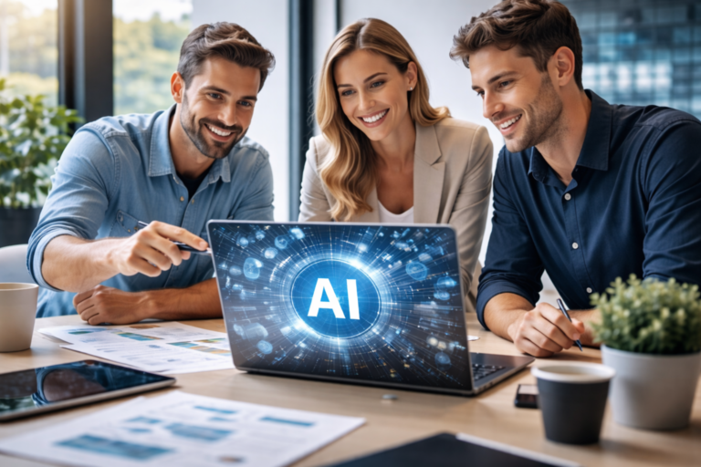 Profesionales analizando soluciones de inteligencia artificial en una computadora portátil dentro de un entorno corporativo moderno