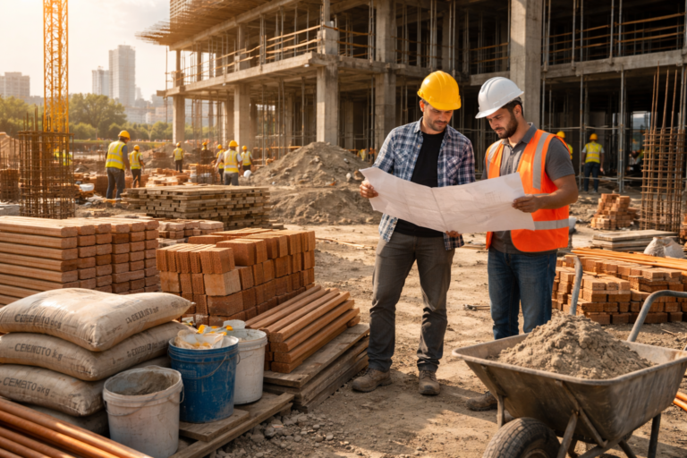Trabajadores revisando planos en una obra en construcción rodeados de materiales como ladrillos y cemento en un entorno urbano