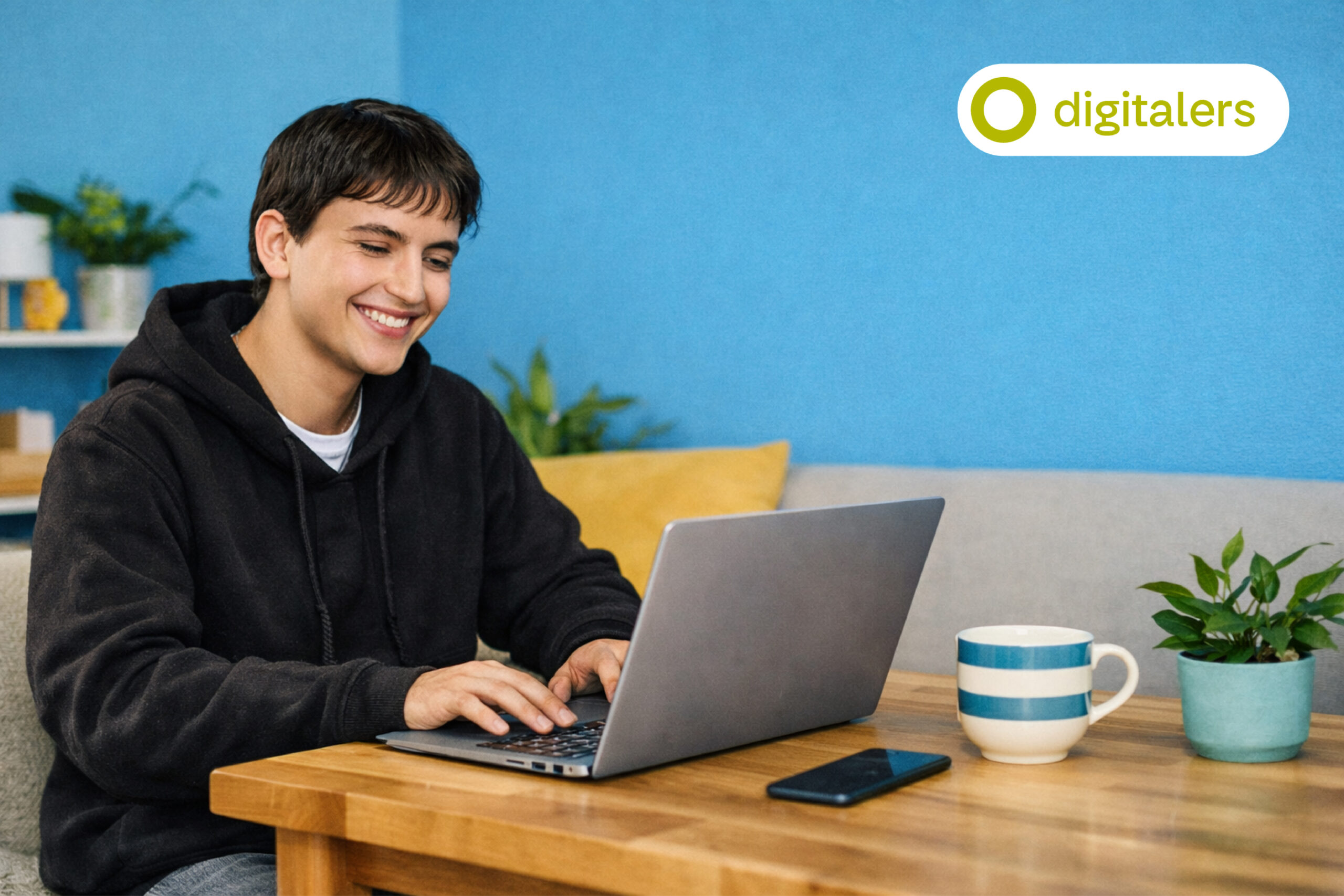 Joven utilizando una computadora portátil en un entorno hogareño mientras se capacita en habilidades digitales a través de una plataforma online