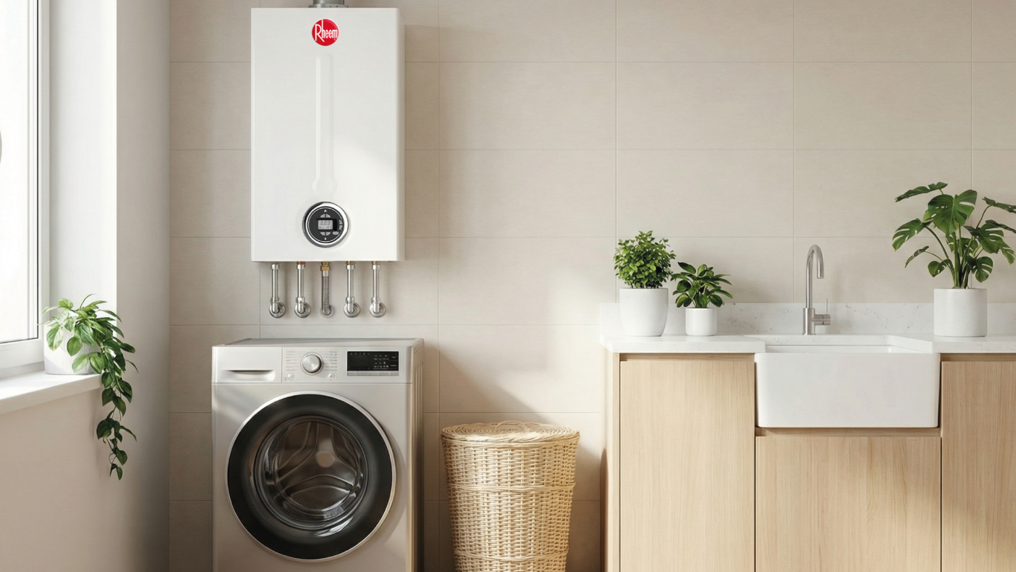 Caldera Rheem SmartHeat Duo instalada en un lavadero moderno junto a lavarropas y mobiliario minimalista