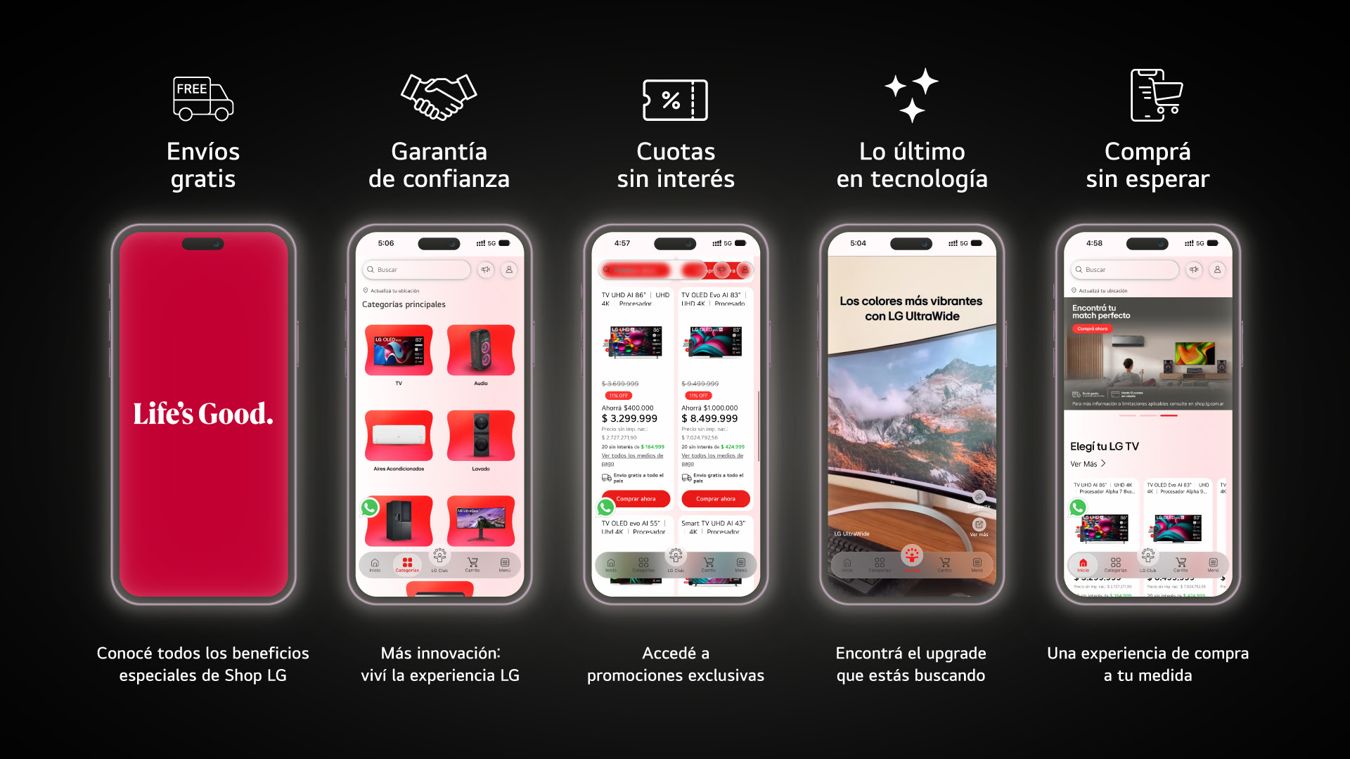 Pantallas de smartphones mostrando la nueva aplicación de LG con funciones de compra, promociones y navegación de productos tecnológicos