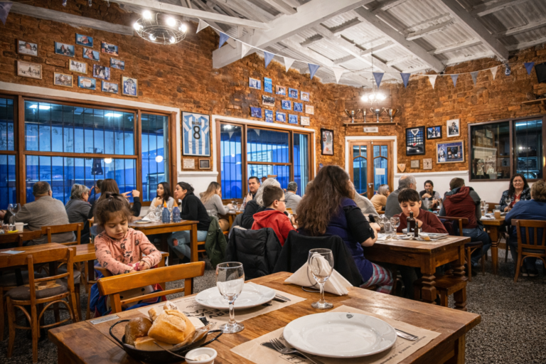 Bodegón tradicional lleno de familias y niños compartiendo una comida en un ambiente cálido y decorado con fotos deportivas en las paredes