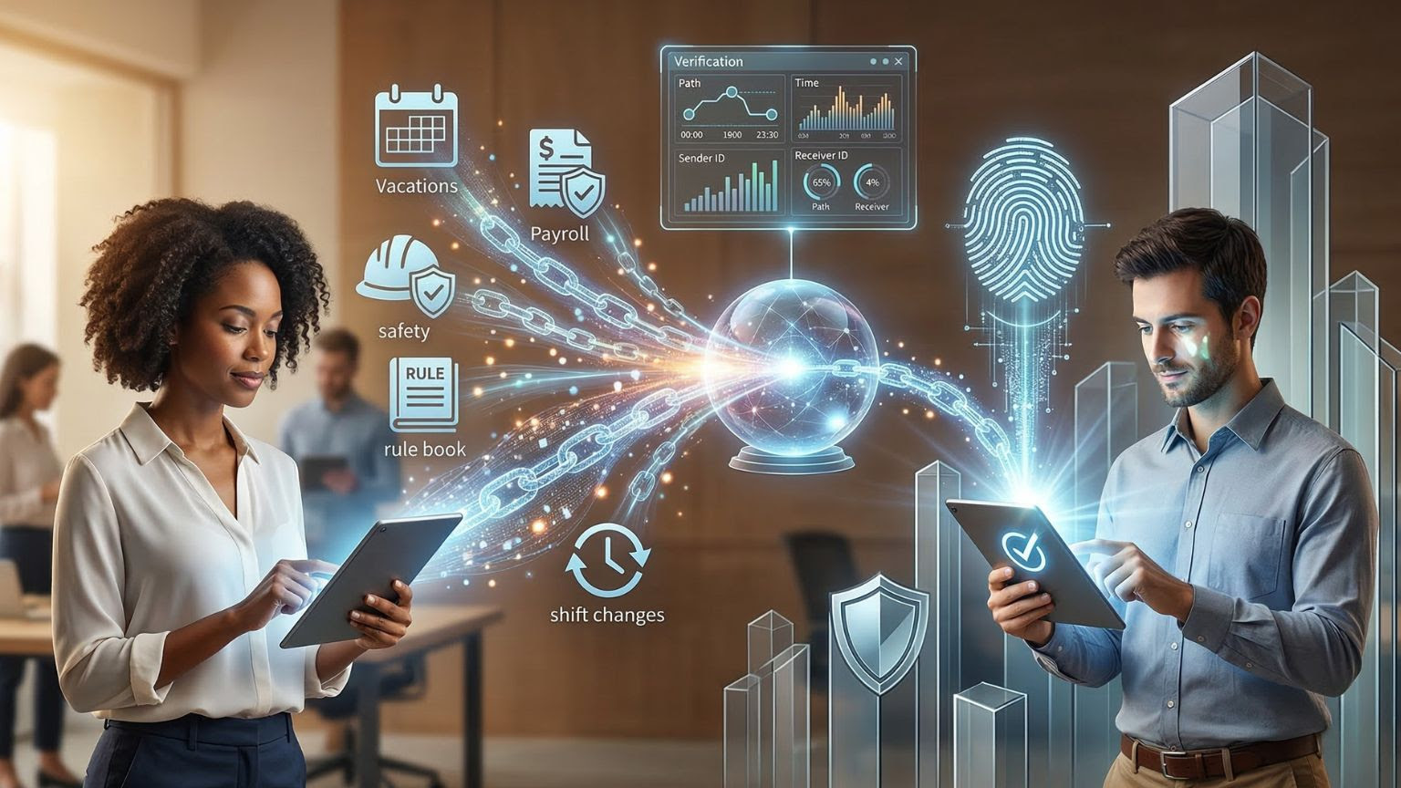 Profesionales utilizando dispositivos digitales con visualización de datos y sistemas de verificación en un entorno laboral tecnológico