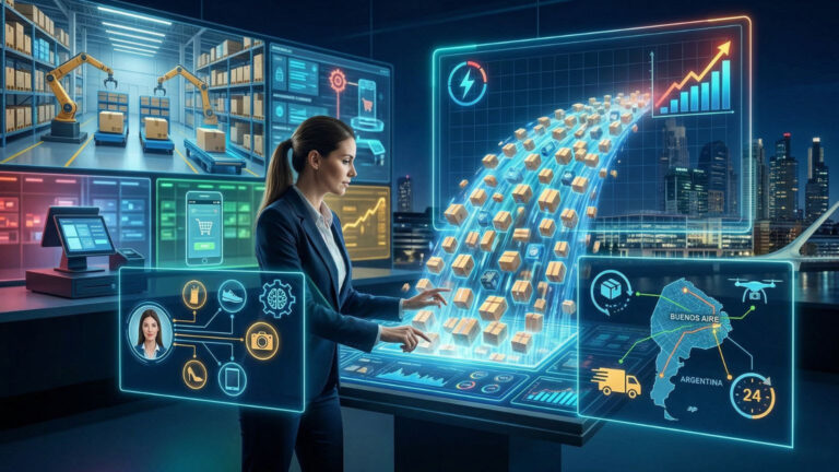 Profesional analizando datos de ecommerce en una interfaz digital con gráficos y logística de envíos en un entorno tecnológico moderno